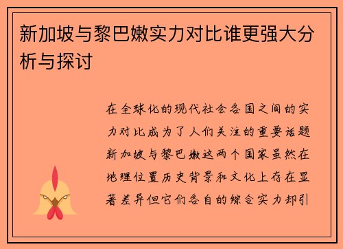 新加坡与黎巴嫩实力对比谁更强大分析与探讨